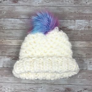 Three Bird Nest Accessories - Rainbow Ivory Pom Knitted Beanie Three Bird Nest Accessories - Rainbow Ivory Pom Knitted Beanie